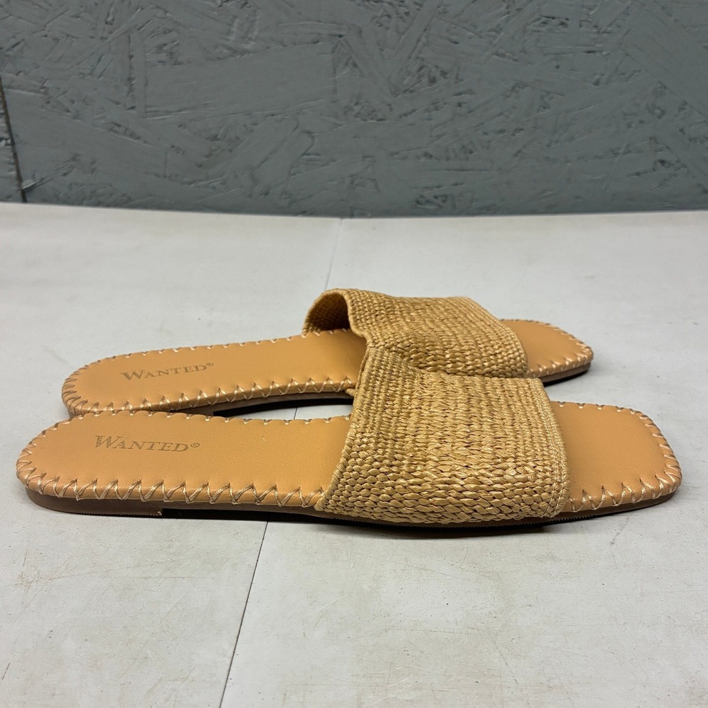 Wanted Ariel Sandals Slide Womens 6.5 Tan Straw Square Toe Flat Summer Beach - Picture 2 of 11